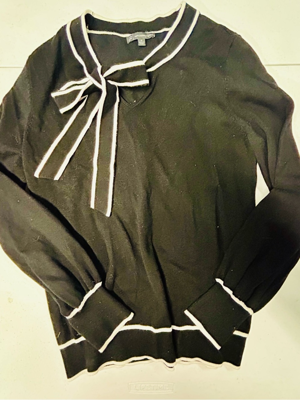 Adrianna Papell Black Sweater with White Trim and Neck Bow M